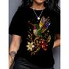 Hummingbird print black short-sleeved T-shirt for women, niche high-end loose casual crew neck top