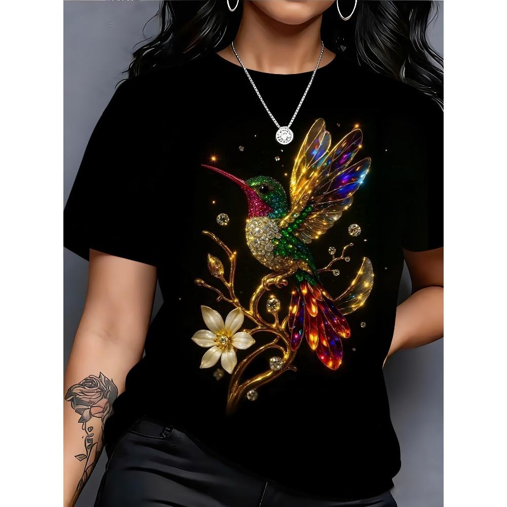 Hummingbird print black short-sleeved T-shirt for women, niche high-end loose casual crew neck top