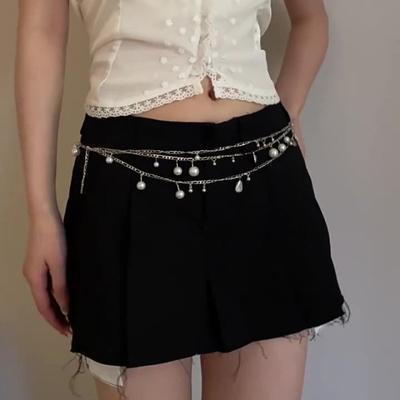 Boho Pearl Metal Waist Chain Women Y2K Aesthetic Layered Belt Decorative Hip Accessory Zinc Alloy