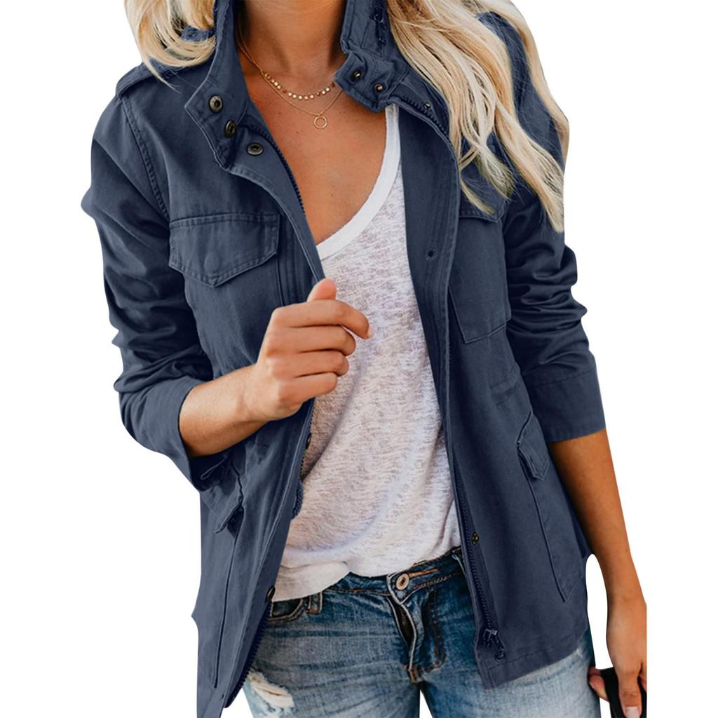 Autumn Women Waist Tunic Coats Retro Multi-Pocketed Jacket Turn-Down Collar Button Solid Color Outwear Coats