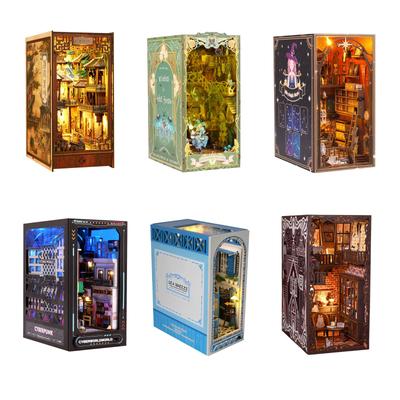 DIY Book Nook Kit 3D Wooden Puzzle Bookshelf Insert Decor with LED Sensor Light DIY Miniature Dollhouse Model Kit for Kids Adult