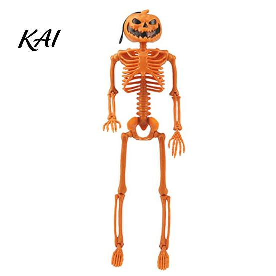 Hard Plastic Skeleton 40cm Pumpkin Head for Halloween Decoration, Movable Joint Flexible Jointed Figure Skull Figurine with Hanging Lanyard,