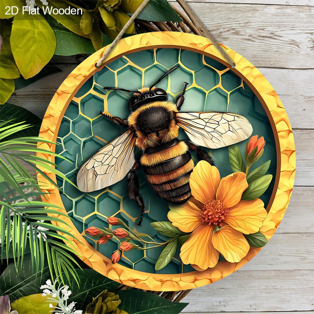 Rustikales Holzschild mit entzückendem Bienenmuster - Runde Verzierung für Haustür, Wandbehangdekor - Ideale Hängedekoration für Zuhause