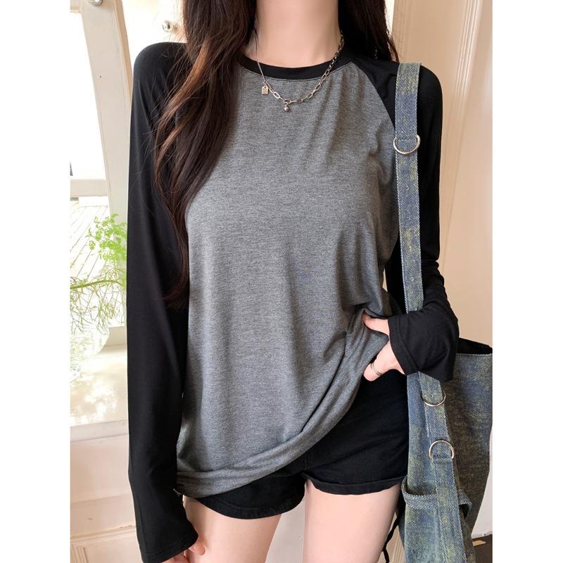 Real shot contrasting color splicing shoulder plugs long-sleeved T-shirt women's autumn loose and thin pure cotton top