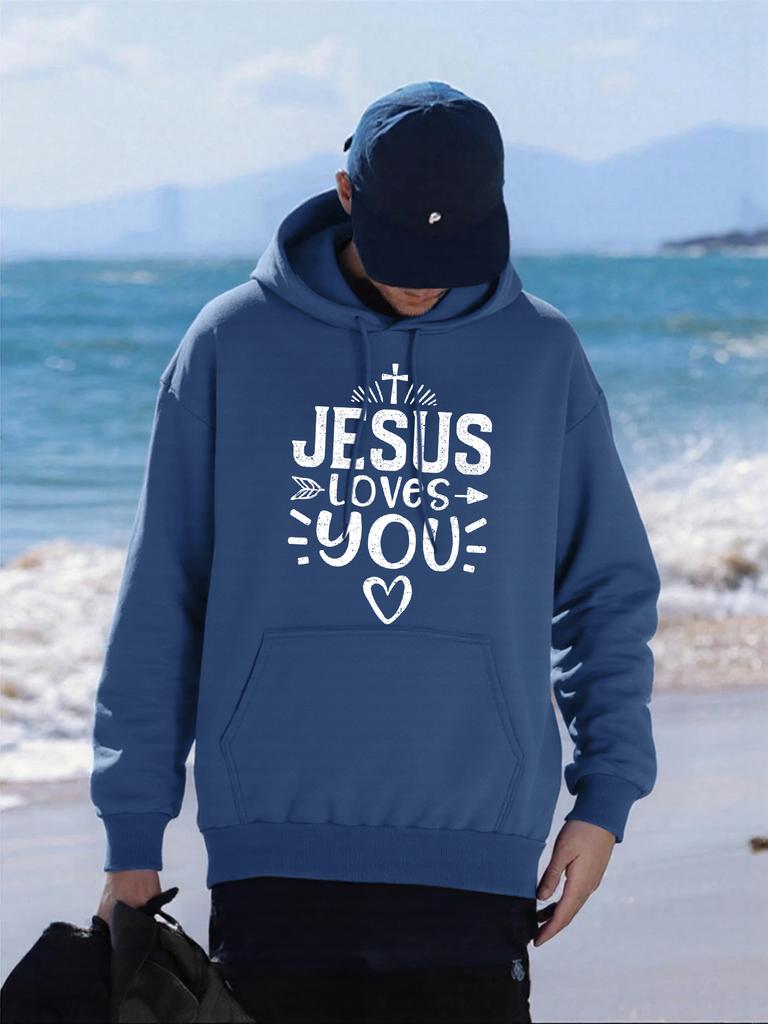 Ježíš Tě Miluje Vtipný Nápis Tištěné Pánské Mikiny s Kapucí Fleecová Pohodlná Mikina Ležérní Hip Hop Streetwear Měkké Univerzální Pánské Mikiny