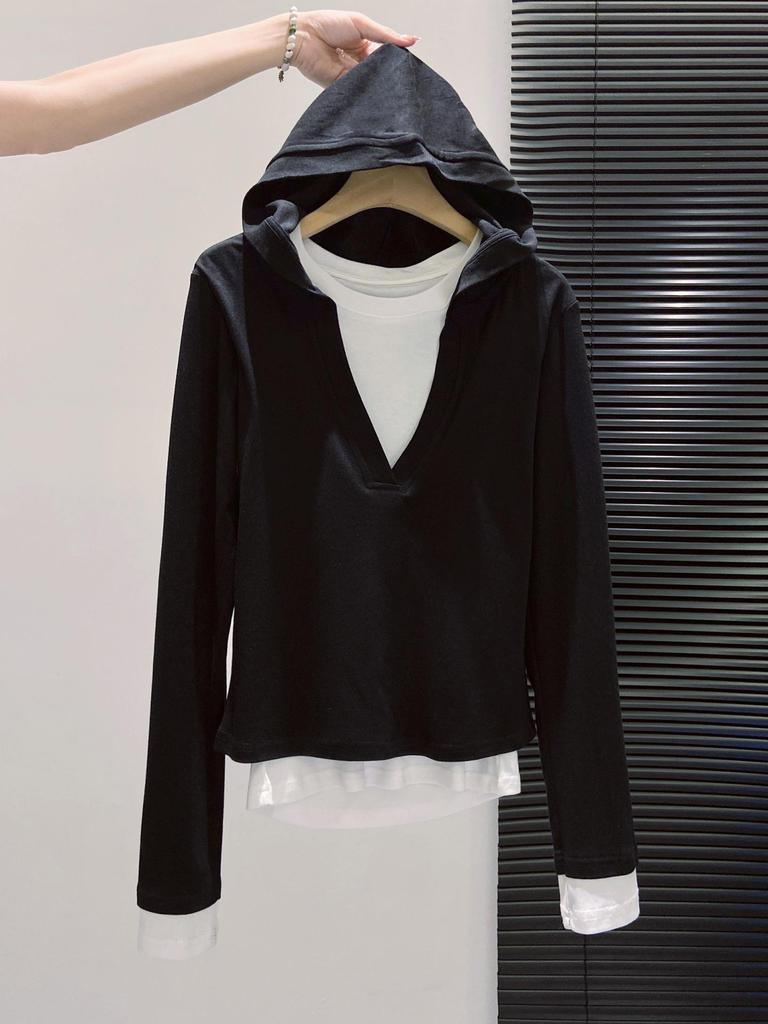 Women's Slimming Hooded Long-Sleeve Two-Piece Faux T-Shirt for Autumn 2025, Base Layer Top