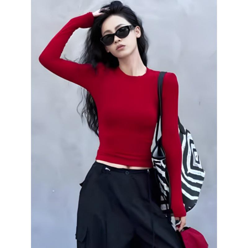 

Women s Red Long Sleeve Slim Fit T-Shirt - Stylish Spring/Autumn 2025 Base Layer, Age-Reducing Design, Regular Shoulder, Short Top L (105-115) красный
