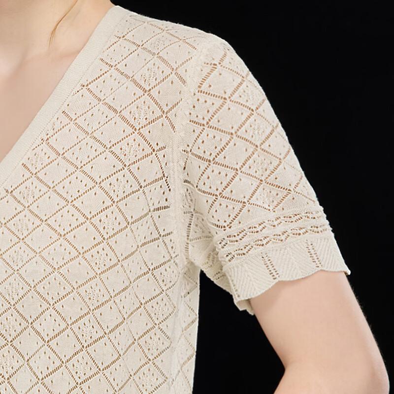 Wudao Women's V-Neck Linen Blend Knit Short Sleeve Top
