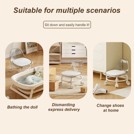 Low Rolling Stool with Backrest 360 Degrees Swivel Wheels Faux Leather Cushion