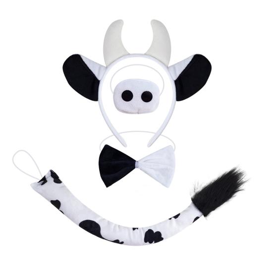 Cow Ears Hair Hoop Set with Bendable Tail Adults Teens Farm Animal Costume Set Black White Cow Accessories