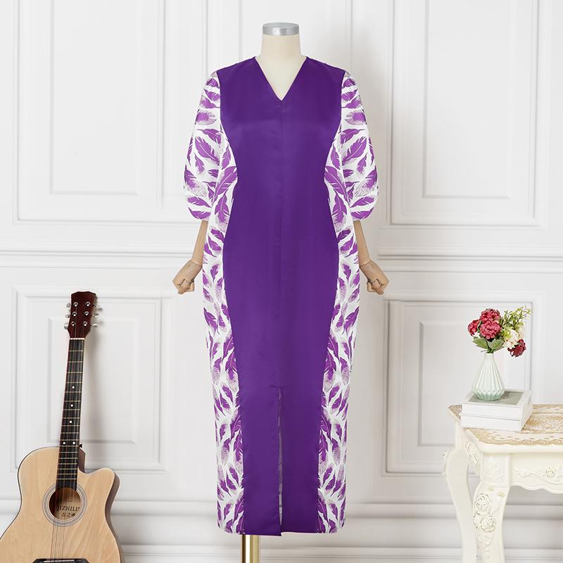 

Oversized Women Puff Sleeve Print Patchwork Nonelastic Casual Loose Maxi Kaftan Dress 5XL