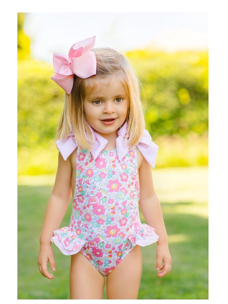 Summer Girls' One-Piece Swimsuit: Cute Blue and Pink Print