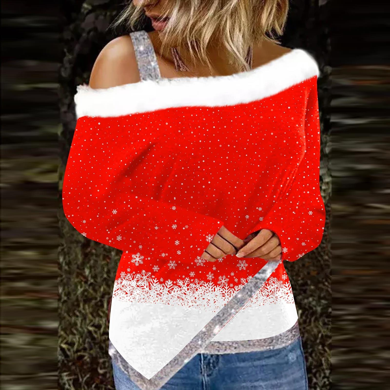 

Жіноча футболка з нерегулярним подолом і різдвяним принтом з довгим рукавом і відкритими плечима, пухнастим флісовим коміром XL червоний