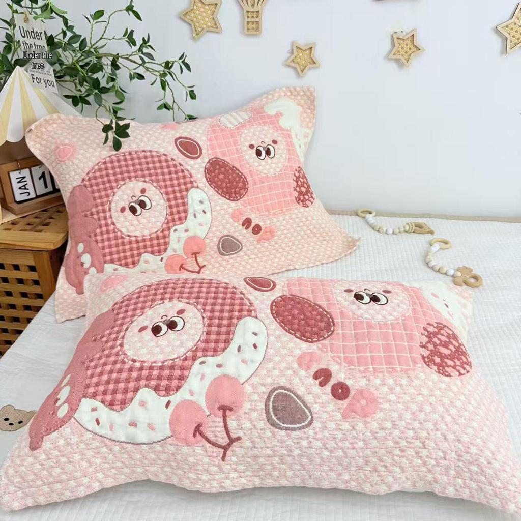 Cartoon Cotton Gauze Pillowcase Set: Soft, Breathable, Sweat-Absorbent Pillow Covers.