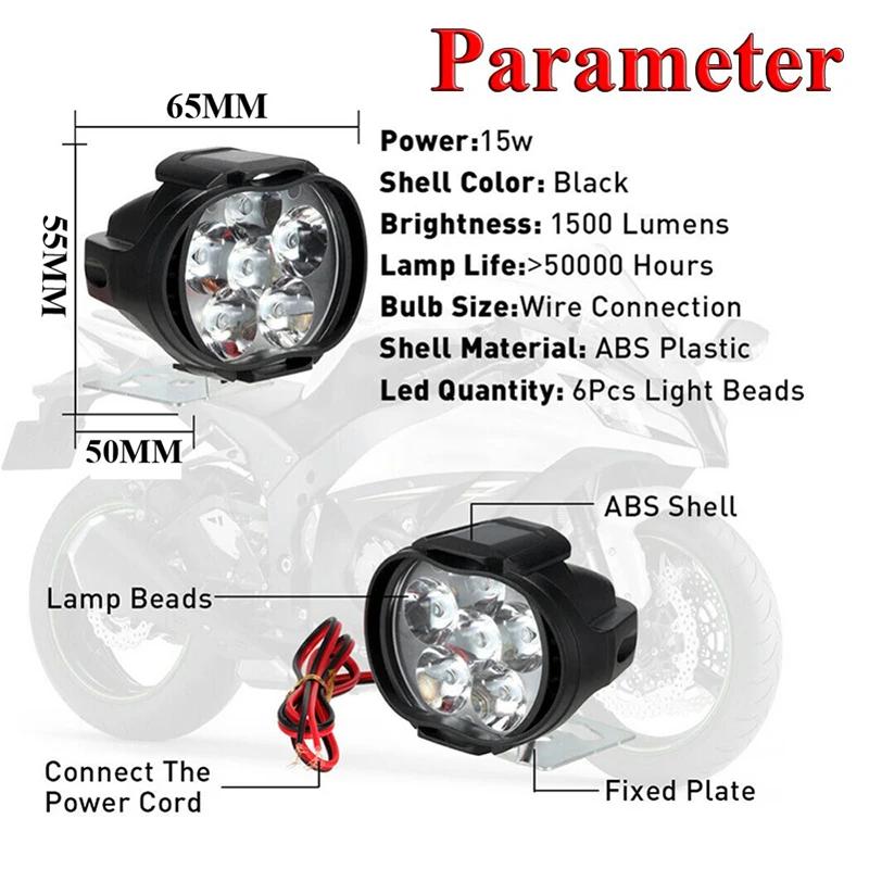 2pcs Led Headlight Motorcycles White Super Bright Auxiliary Working Front Light Scooter Spotlight Additional Spot Light Fog Lamp
