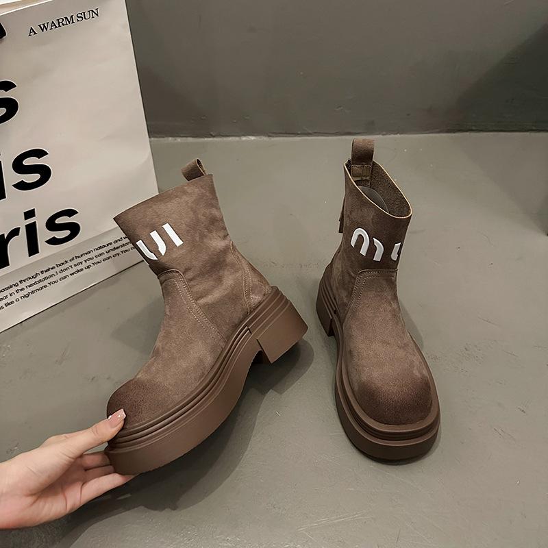 European Station Women's Boots 2025 Autumn New Leather Thick-soled Heightened and Thin Elastic Martin Boots Short Boots Women