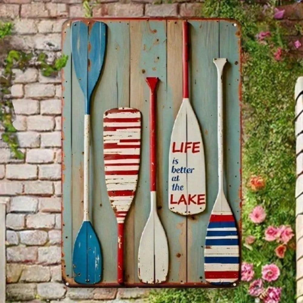 Rustic Lake Metal Wall Art Vintage Sign Paddle Design 12x8 Inches Cabin Decor