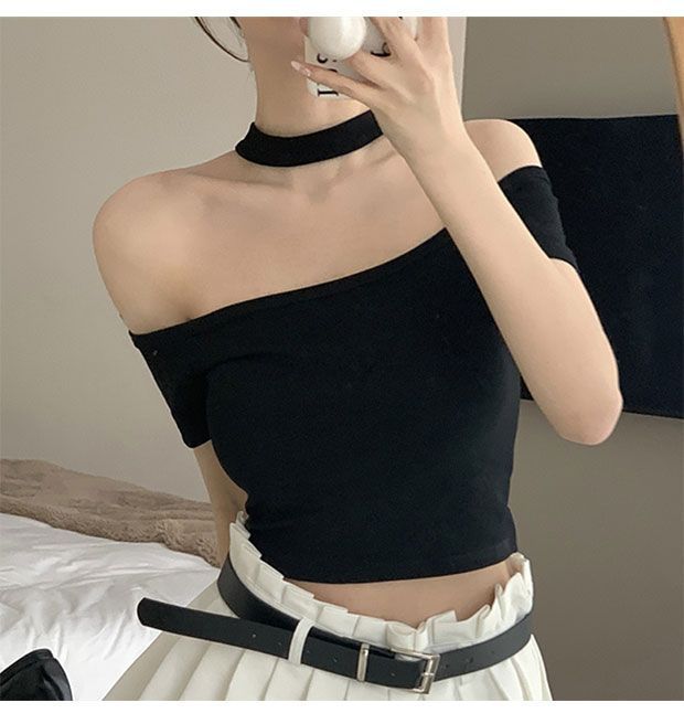 Pure desire one-word shoulder neck T-shirt women's summer new design sense slim and thin short off-shoulder short-sleeved top