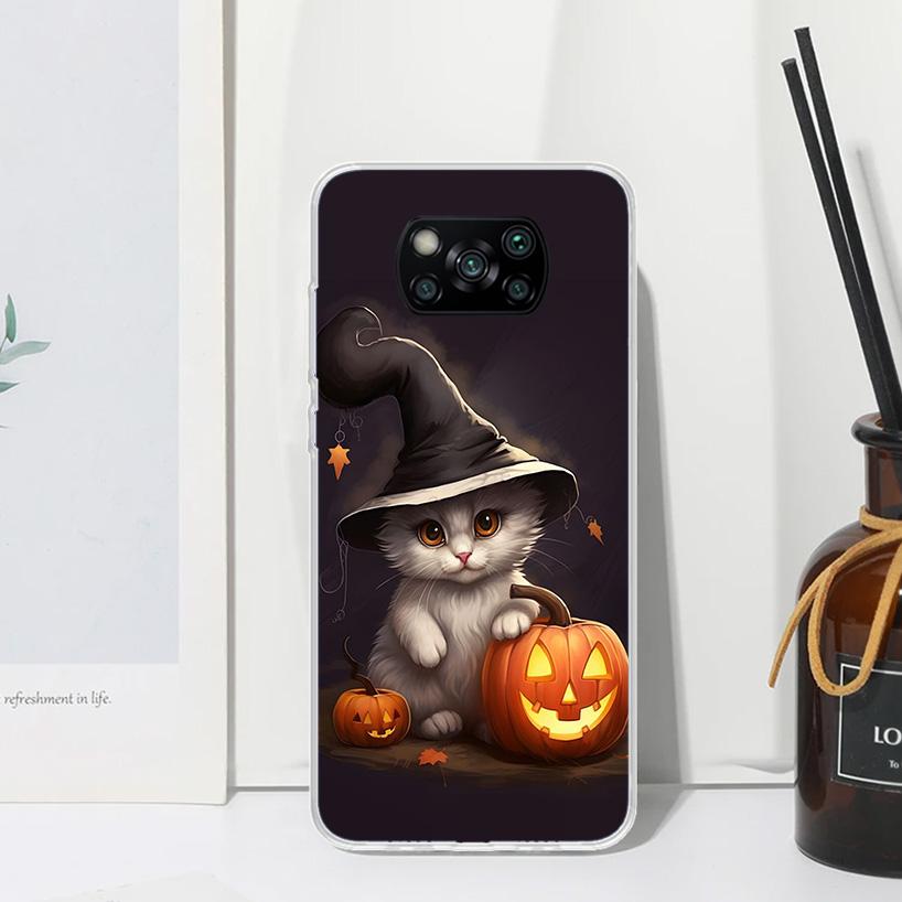 Black Kitten Halloween Pumpkin Phone Case For Xiaomi Poco X7 X6 X5 M7 M8 Pro F7 Ultra Redmi 15C 15 13C 13 12C 12 10 10C 10A Art