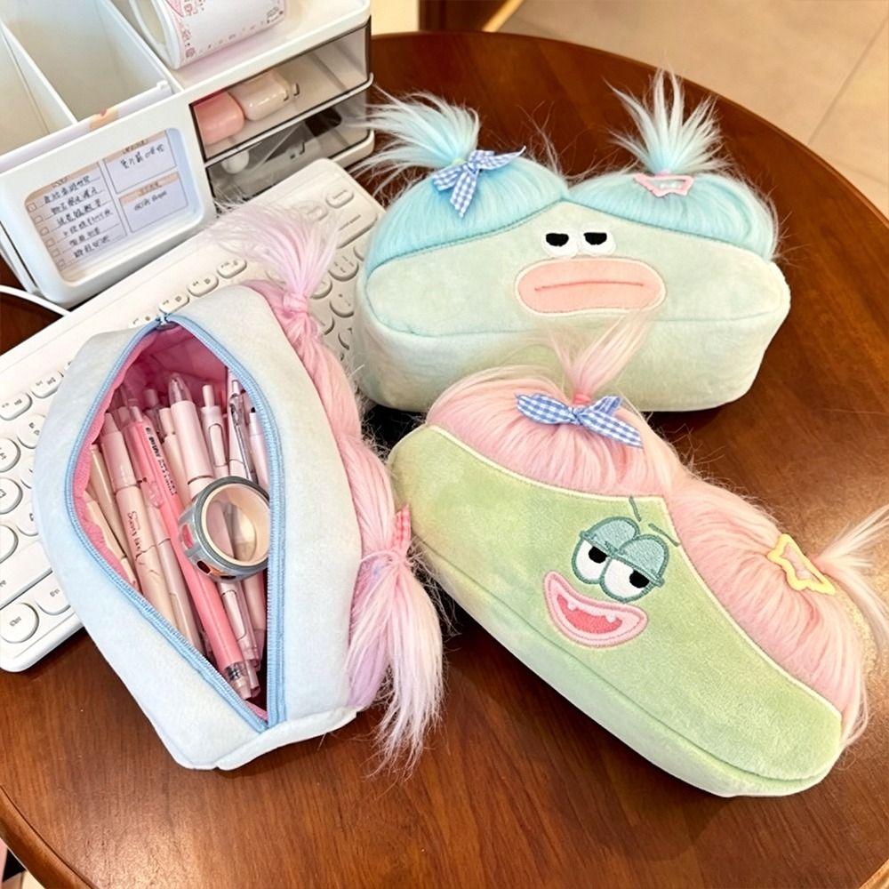 Cute Ugly Pencil Case with Ponytail Hair Pencil Pouch Cartoon Stationery Bag  Students