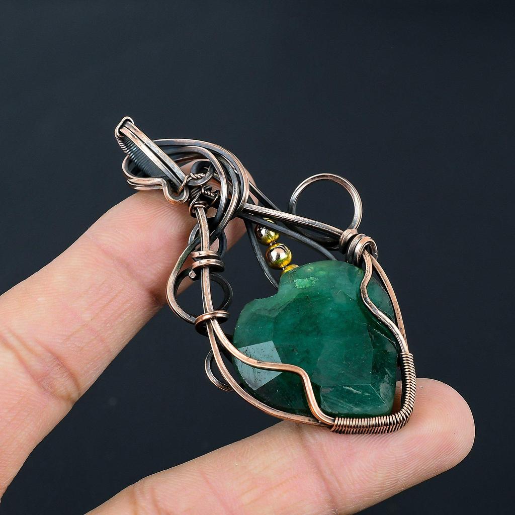 Lab-Created Emerald Gemstone Pure Copper Wire Wrap Handmade Wonderful Jewelry Pendant