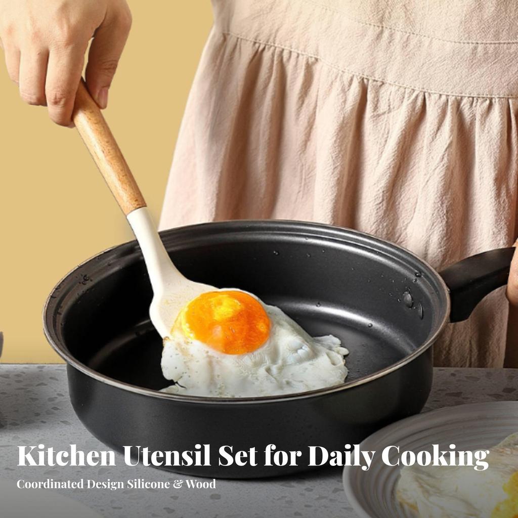 Silicone Turner with Beech Wood Handle Heat-Resistant Utensil Non-Scratch
