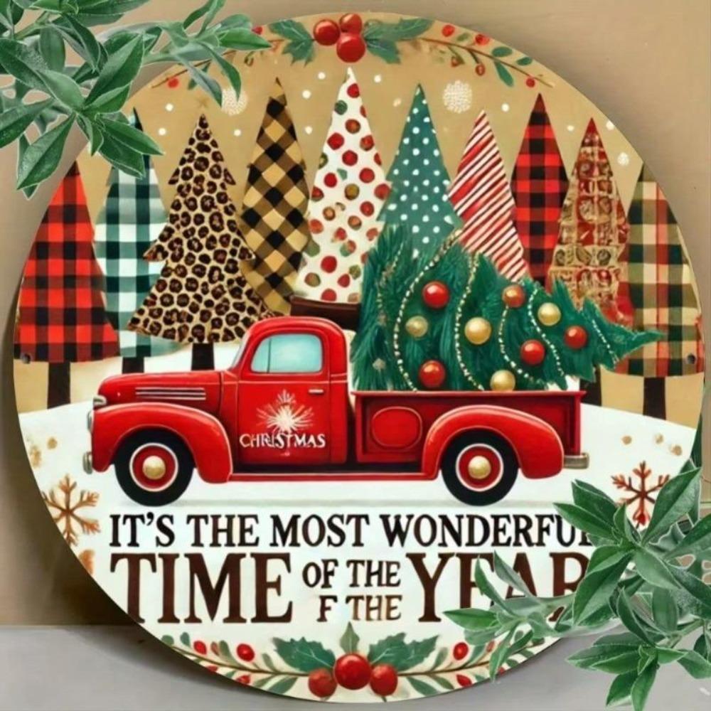 Vintage Red Truck Christmas Metal Tin Wall Art Decor For Bar Cafe