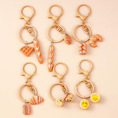 Cute Resin Simulation Food Keychain Waffle Croissant Baguette Bread Key Ring Pendants for Women Girls Handbag Decor Jewelry Gift