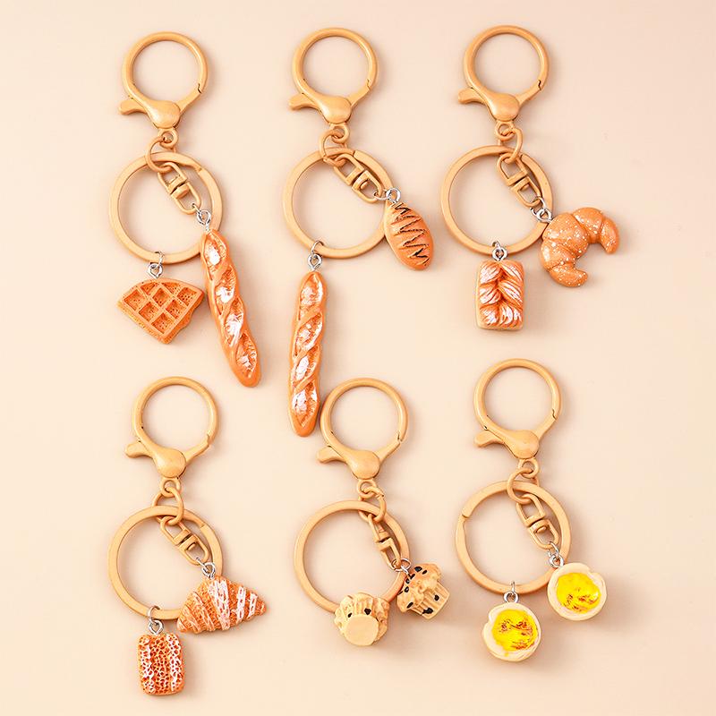 Cute Resin Simulation Food Keychain Waffle Croissant Baguette Bread Key Ring Pendants for Women Girls Handbag Decor Jewelry Gift