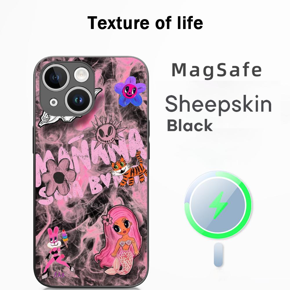 Cute pink Manana poster pattern design Phone Case For iPhone 17 16 15 14 13 12 Plus Pro Max  High-end Luxury Magsafe Sheepskin