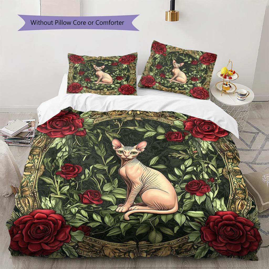 Cats and Dogs with Roses  Pattern Bedding Quilt Set  Home Decoration  Gift (1 * duvet cover + 2 * pillowcase, without core)