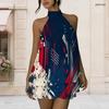 Women Plus Size Halter Neck Sleeveless Open Back Printed Faux Two Piece Layered Mini Dress