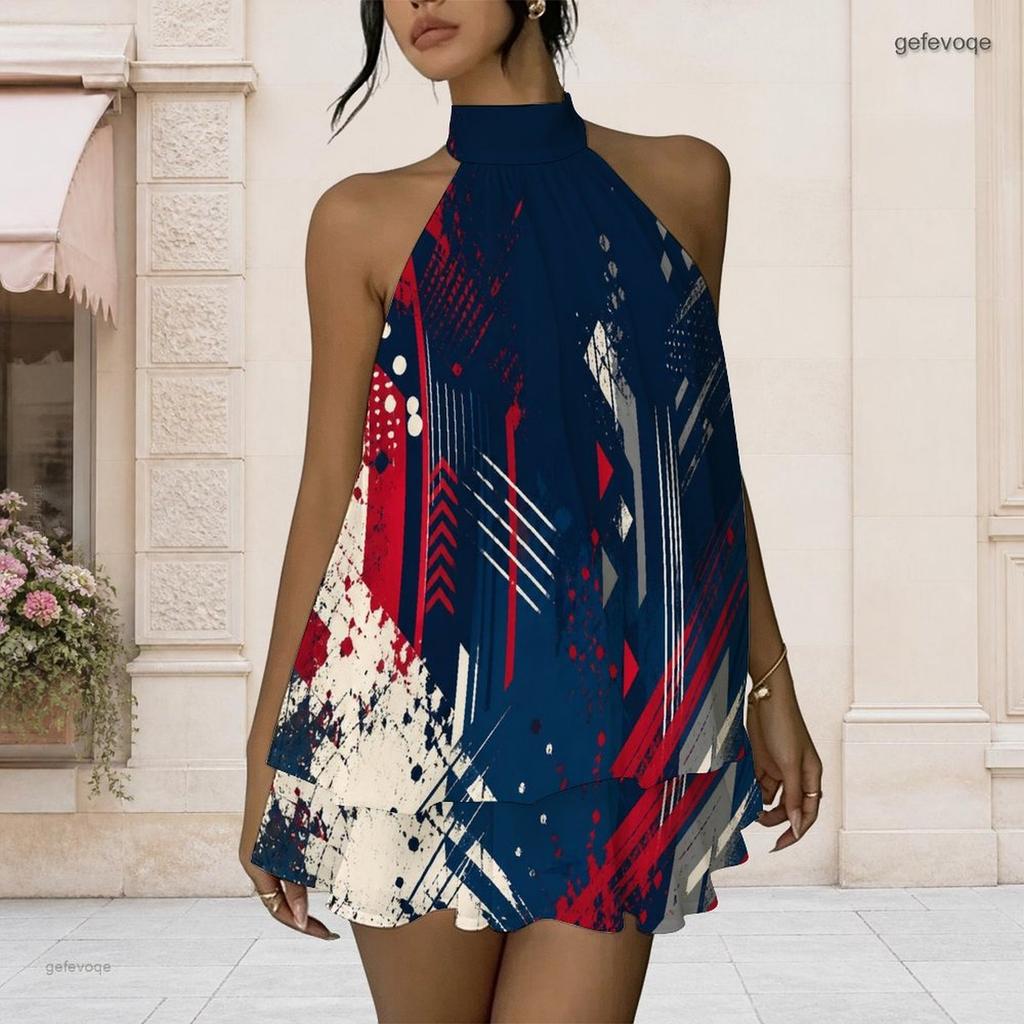 Women Plus Size Halter Neck Sleeveless Open Back Printed Faux Two Piece Layered Mini Dress