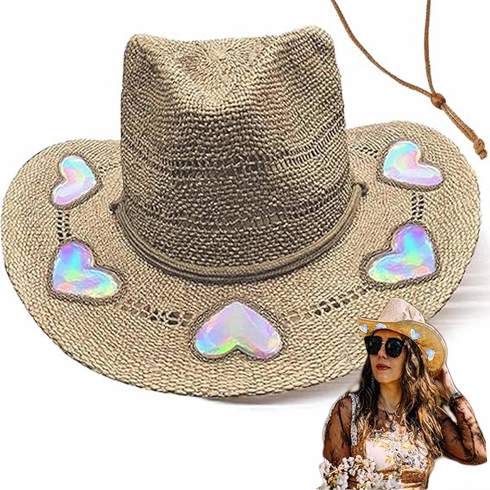Straw Western Cowboy Hats for Women Girls Star/Moon Shapeable Cowgirl Hat Summer Outdoor Beach Sun Hat Vintage Jazz Hat