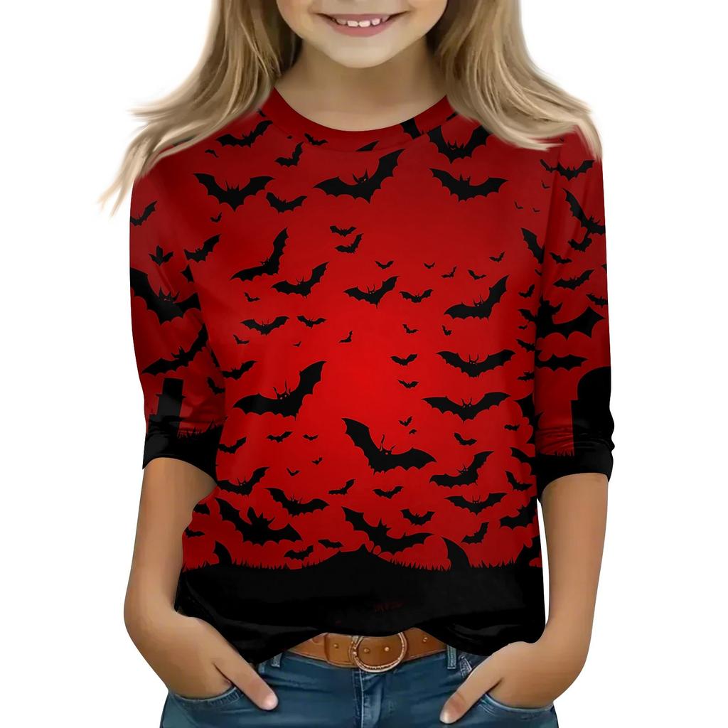 Kinder 3/4-Ärmel Tops Lässiges Halloween-Print T-Shirt Rundhals Pullover Bluse