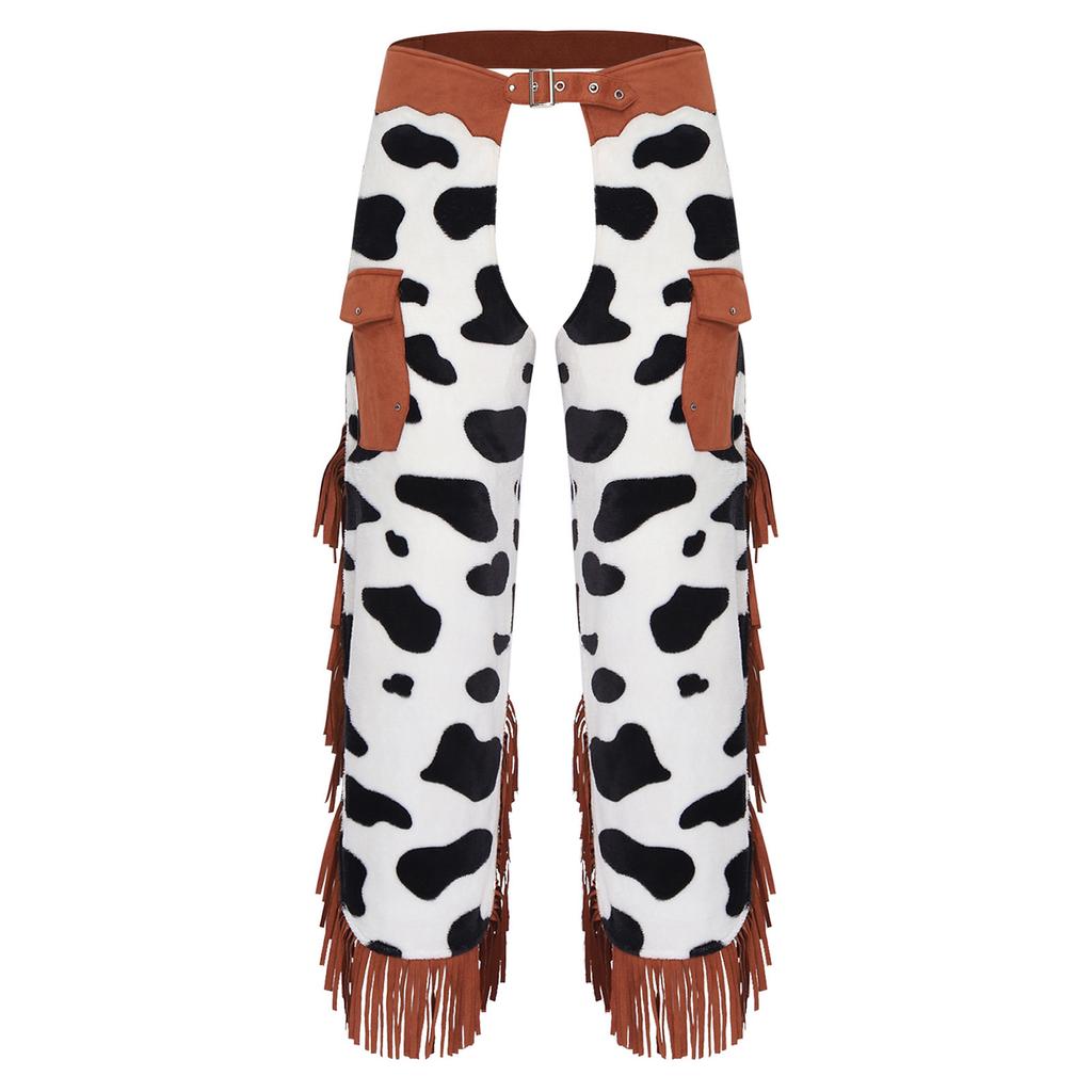 Cowboy Fringe Chaps Pants Cow Pattern Flannel Tassel Patchwork Adjustable Waist Trousers for Men Western Vintage Party Outfit