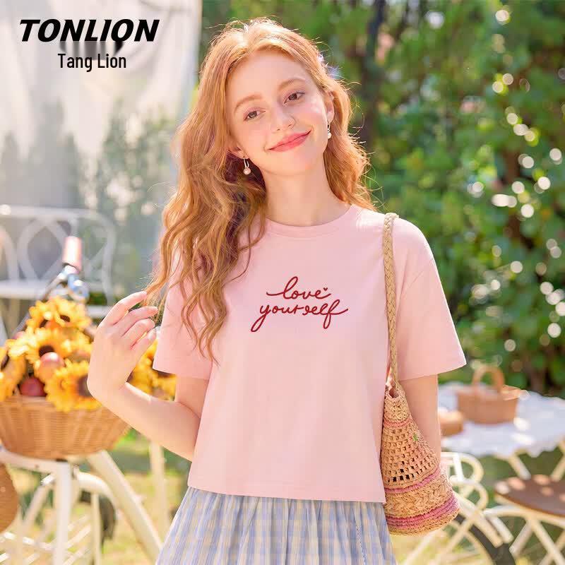 TonLion Women s Round Neck Cotton Letter Print Short Sleeve T-Shirt L