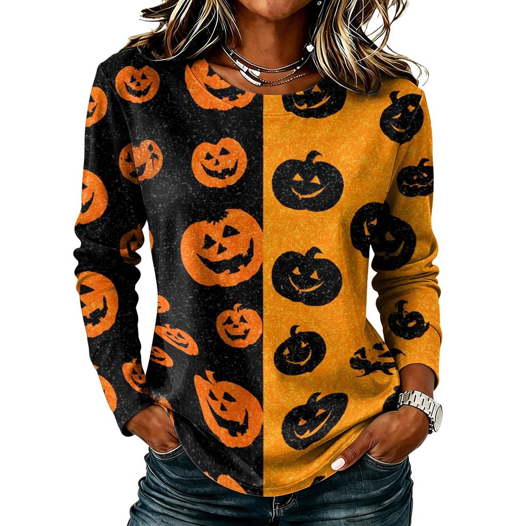 Women's Long Sleeve Top with Round Neck and Halloween Print for Casual Wear and Party