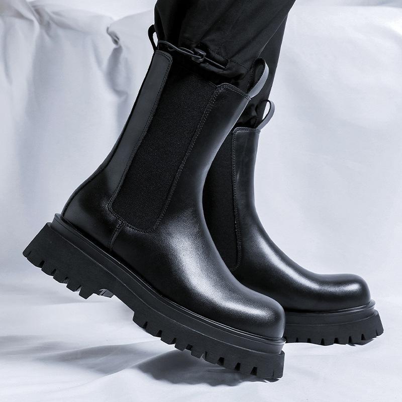 Men Fashion High Chelsea Boots Genuine Leather Shoes Stage Nightclub Dress Cowboy Platform Boot Handsome Long Motorcycle Botas