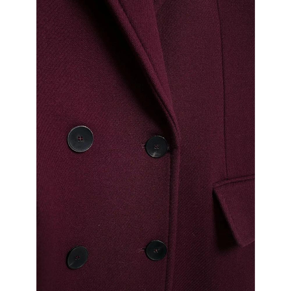 Women Fashion Burgundy Woolen Coat Double Breasted Long Sleeve Lapel Blends Jacket Autumn Winter High Street Outerwear