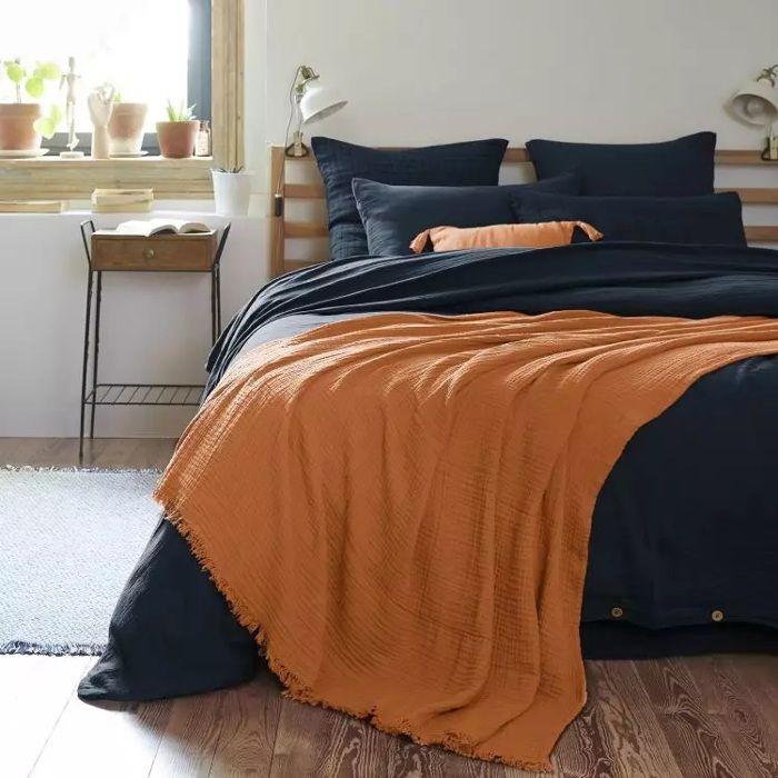 Plaid - Gaia - 180 X 220 Cm - 100% Coton - Orange - Finitions Avec Franges