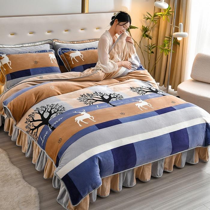 Thickened Milk Fleece Four-Piece Coral Fleece Quilt Cover, Bed Sheet Fleece Double-Sided Fleece Flannel Bedding, Bed Skirt