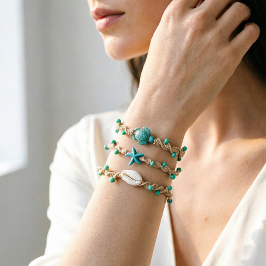 Noter 3Pcs Ladies Sea Creature Charm Bracelet Set Handmade Braided Starfish Shell Turtle Braslet Summer Beach Vacation Jewelry