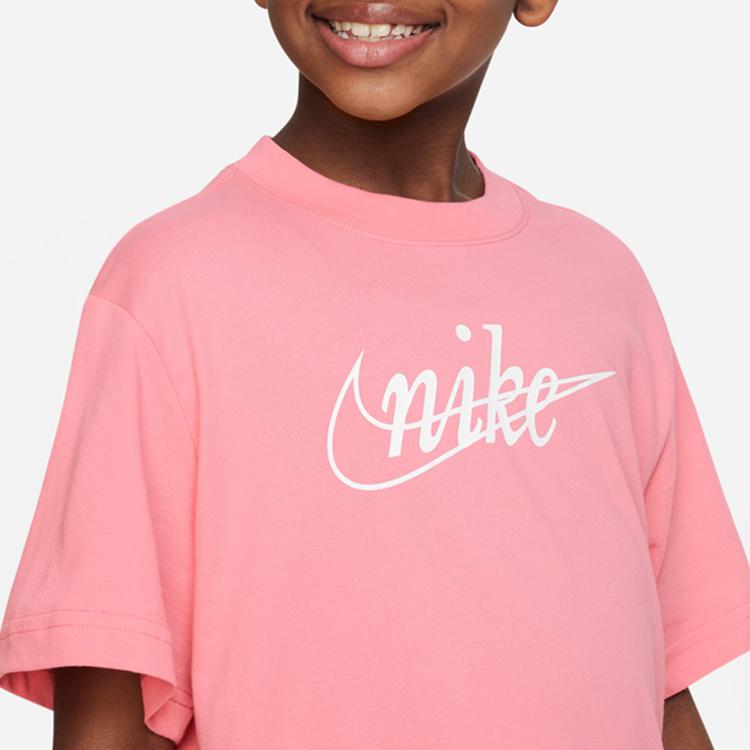Nike Dri-Fit Letter Logo Print Loose Round Neck Short Sleeve T-Shirt Kids Tops Coral-Pink FD0941-611