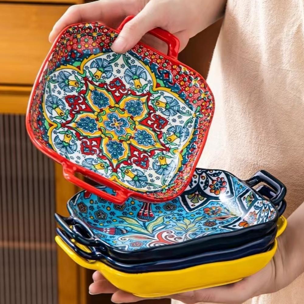 Hand-painted Bohemian Ceramic Baking Dish Square with Handles For Pasta and Desserts Suitable for Oven and Microwave.