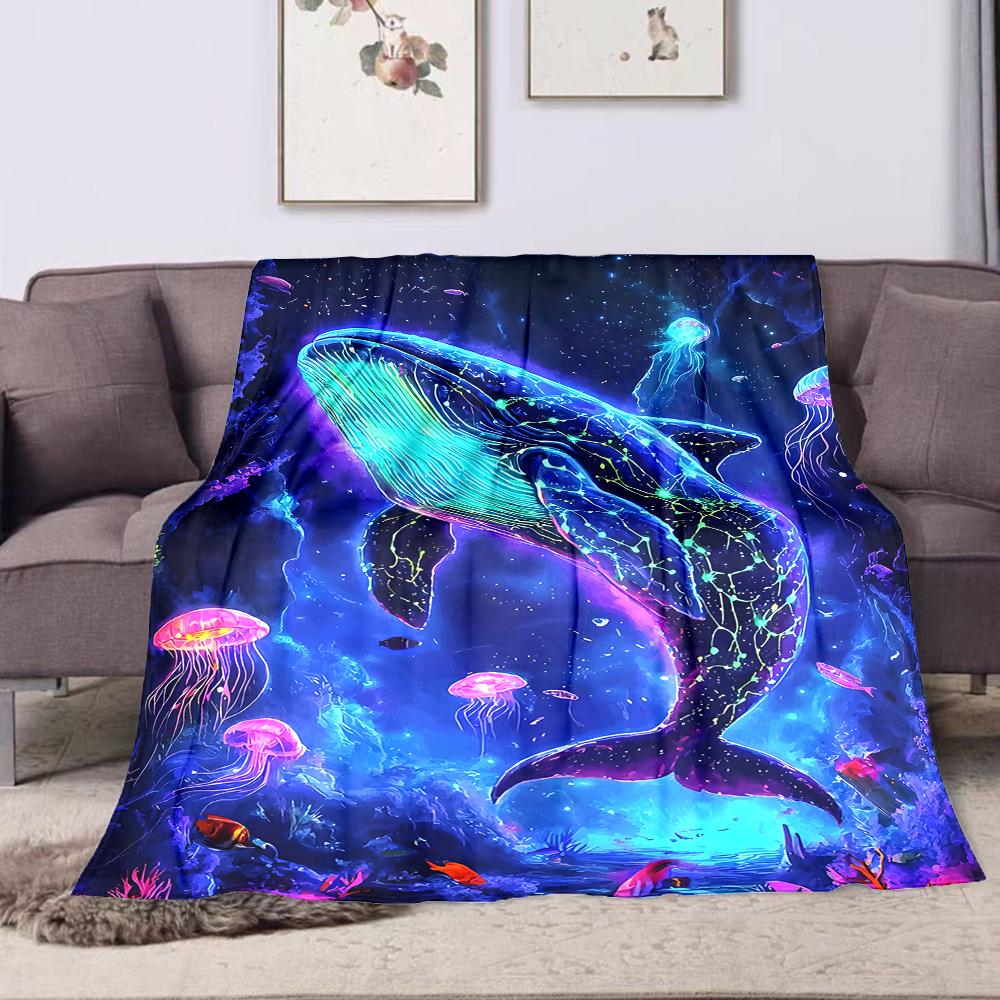 1PC Glowing whale with jellyfish printed blanket all seasons multi-purpose blanket suitable for sofa, camping, travel, car
