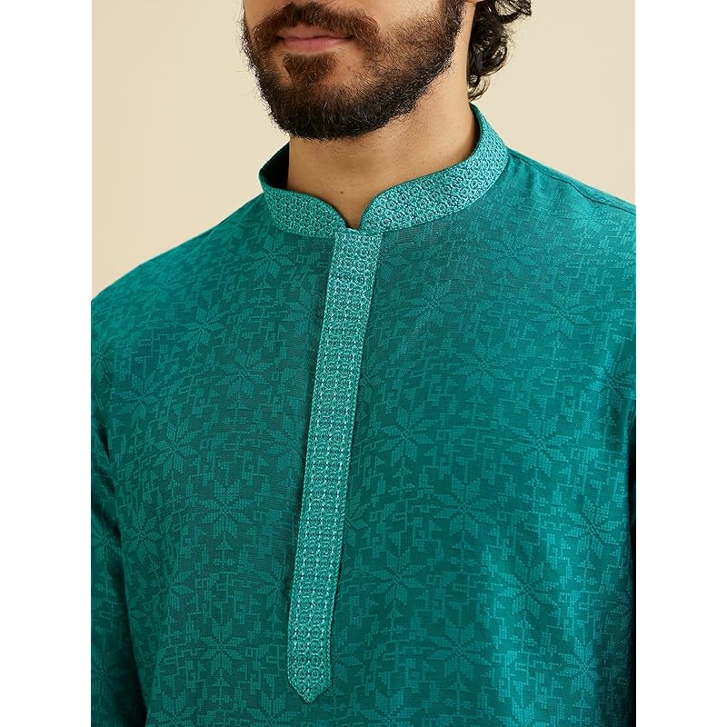 Manyavar Men s Viscose Blend Jacquard Embroidered Kurta Pyjama Set (Green,S) S зелёный