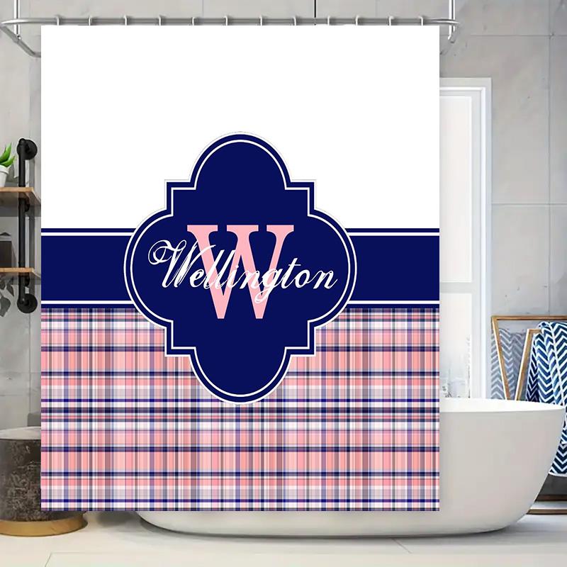 

Custom Bath Rug Mat Plaid Shower Curtain With Name Initials For Bathroom Decor Navy Blue Color Option Available W60H190(CM)-1 Pcs
