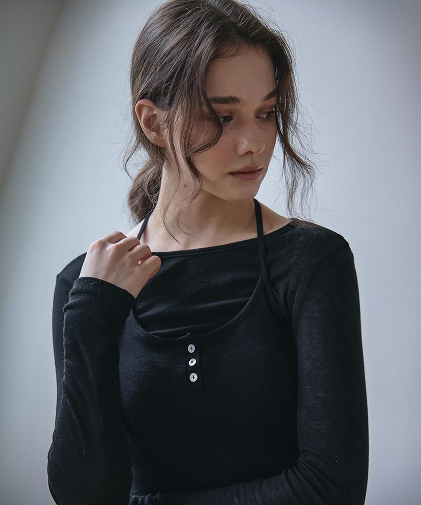 Bember Button-Detail Bustier Layered T-Shirt_Black