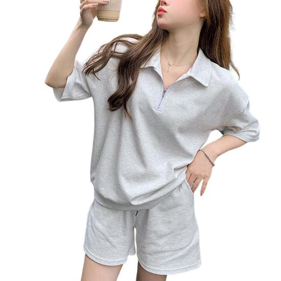 2 Pcs/Set Women Summer Sweatshirt Pants Set Short Sleeve Zippered Turn-down Collar Top Drawstring Elastic Waist Loose Sweatpants Tracksuit Pansuit